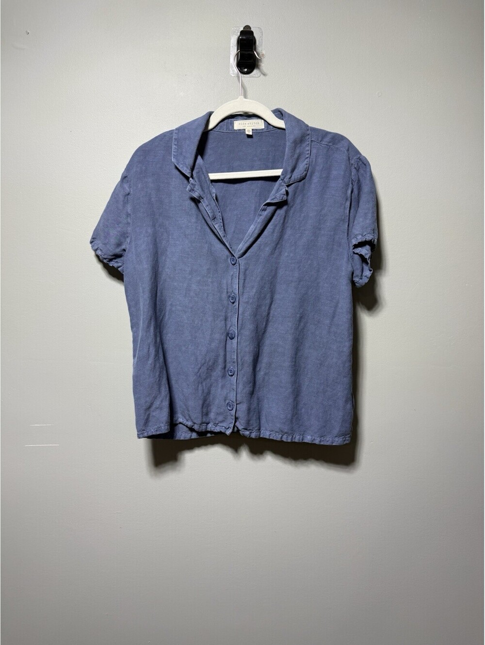 Side Stitch Women Blue Linen Blend Button Up Shirt S Coastal Minimalist Beach
